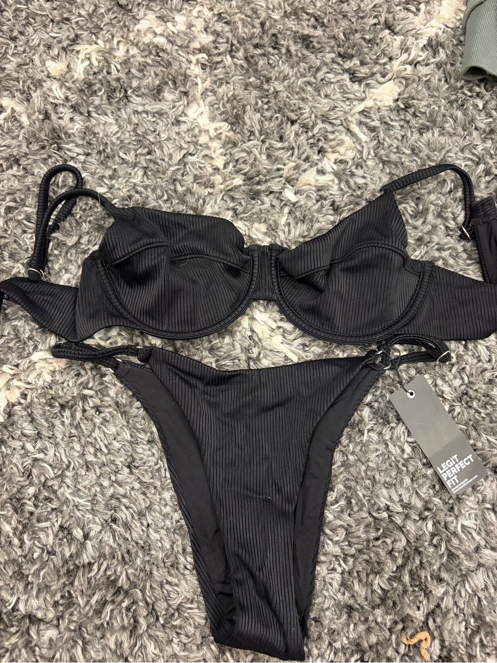 Black Ribbed Underwire Bikini Set - Women Swim